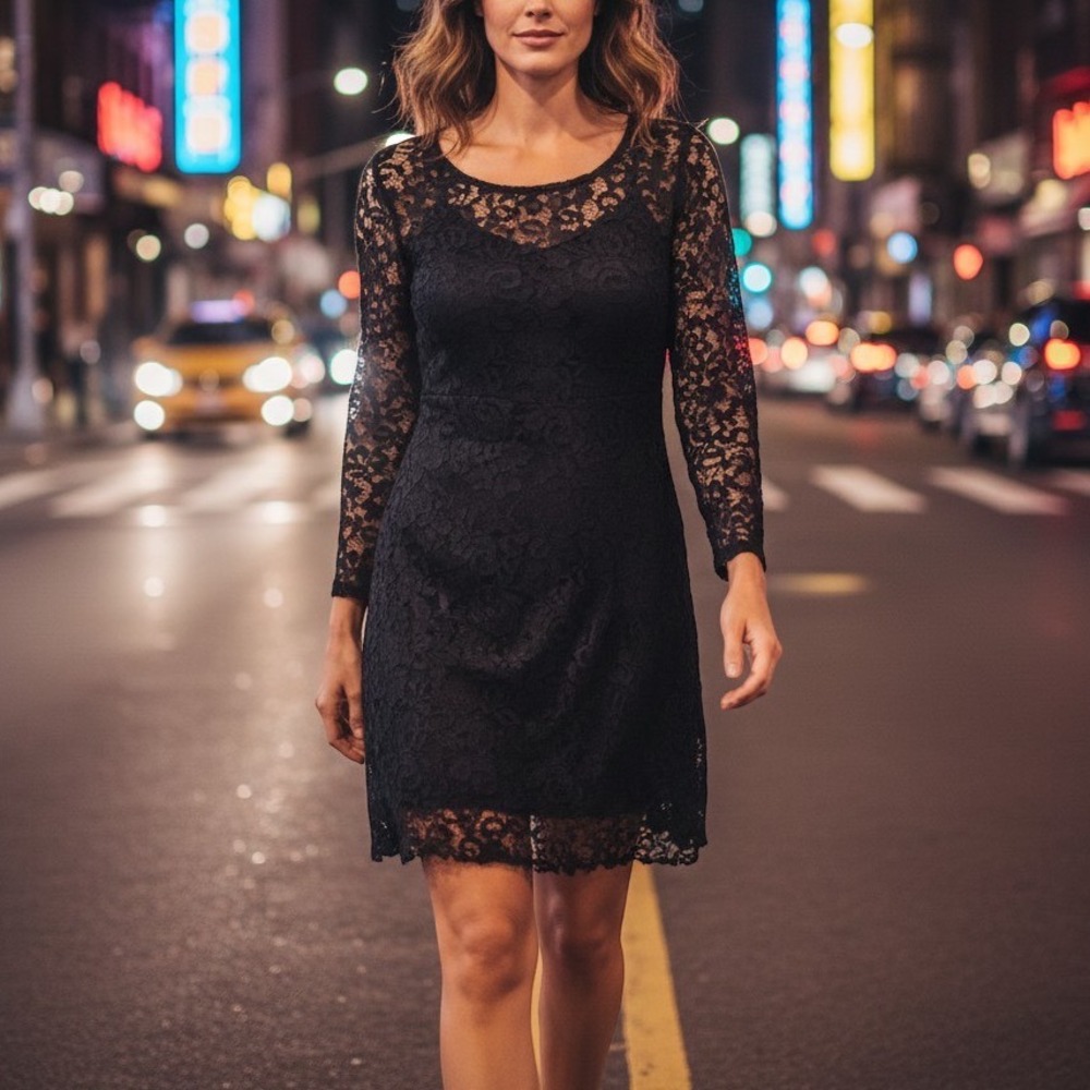 J Crew Broadway & Broome Black Lace 3/4 Sleeve Mini Dress Size 8 LBD Whimsical